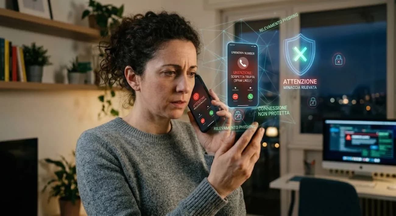 Persona che riceve una chiamata sospetta sullo smartphone mentre sullo sfondo compaiono elementi digitali di sicurezza