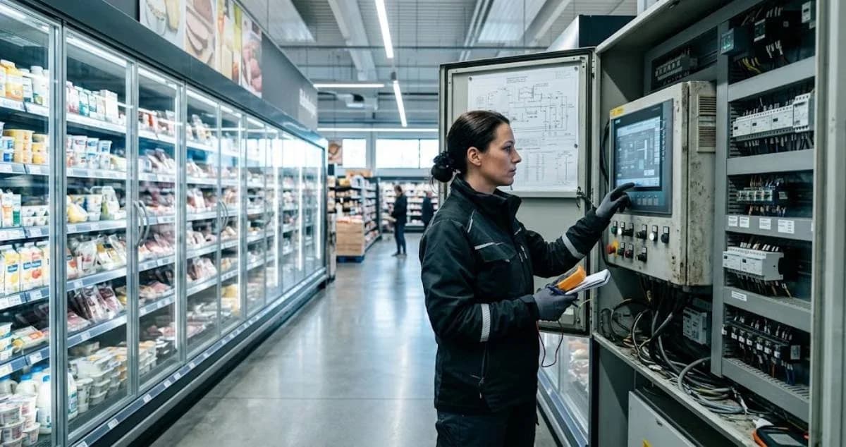 Tecnico che controlla il sistema digitale di refrigerazione di un supermercato