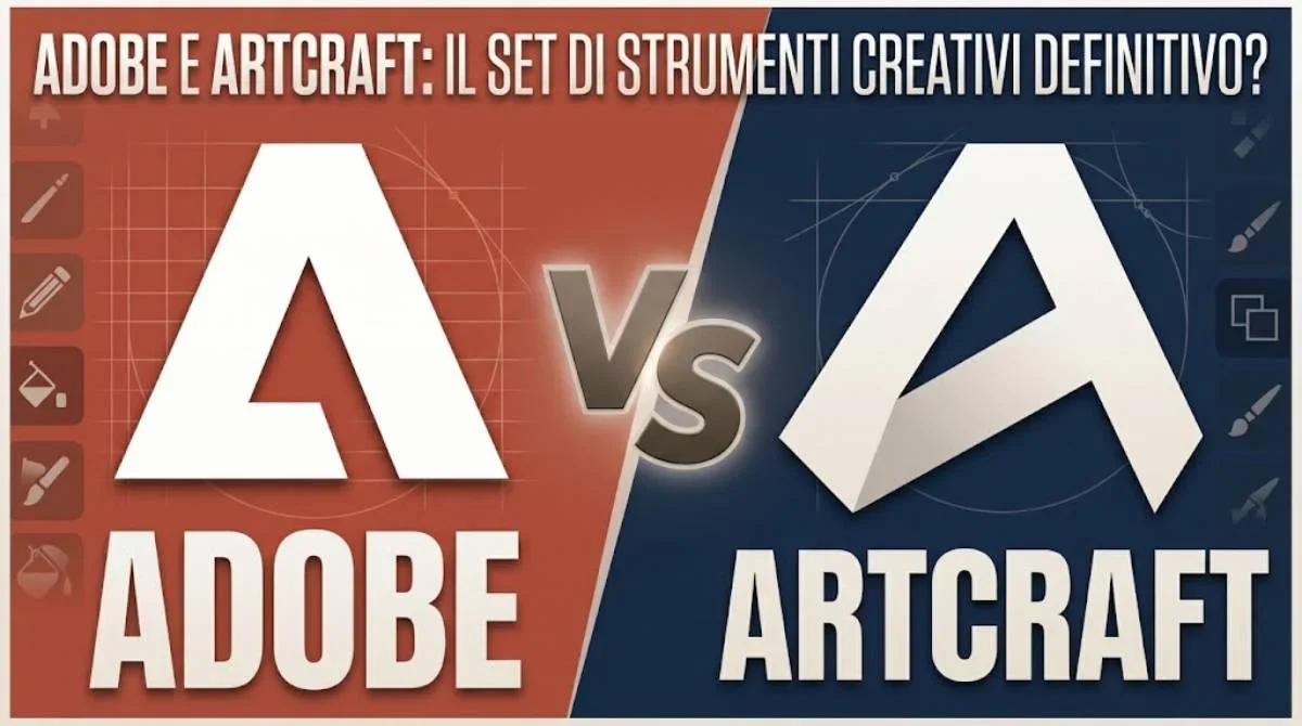 Grafica di confronto Adobe vs Artcraft per l'analisi di Matteo Russo sugli strumenti creativi e AI. L'immagine è divisa diagonalmente: a sinistra il logo bianco di Adobe su sfondo arancione, a destra il logo stilizzato di Artcraft su sfondo blu. Al centro la scritta "Vs" e in alto il titolo dell'articolo: "Adobe e Artcraft: il set di strumenti creativi definitivo?".